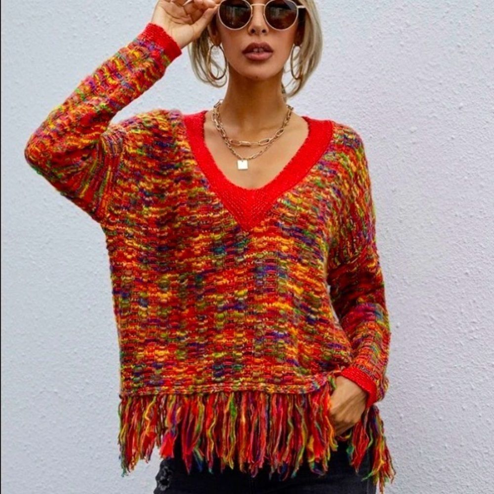 NWT! MARLED KNIT FRINGE HEM DROP SHOULDER SWEATER!